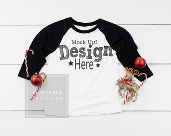 Download Free Christmas Youth Raglan Mockup Next Level 3352 Black White Youth PSD Mockup Template