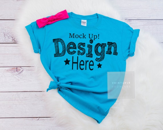 Gildan 500b Tropical Blue Youth T-Shirt Mockup With Headband