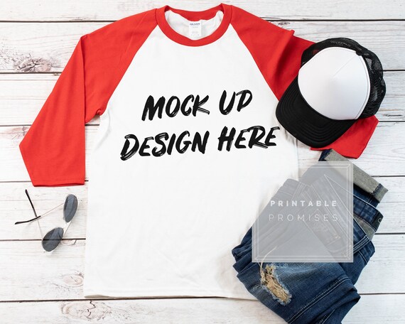 Download Free Gildan 570 Adult Unisex 3 4 Raglan Sleeve Red T-Shirt (PSD) - New Free Mockup Designer ...