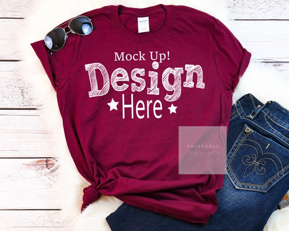 Download Free Maroon Shirt Mockup Gildan Mock Ups Flatlay Mockup Ladies (PSD) - New Free Mockups Generator