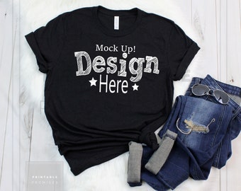 Download Free Bella Canvas 3001 Black Heather T-Shirt Mock Up, Mock Up Shirt Mockup, Women T-Shirt Mockup, Stock Photo, Outfit Mock-Up, Flatlay Mock Up PSD Template