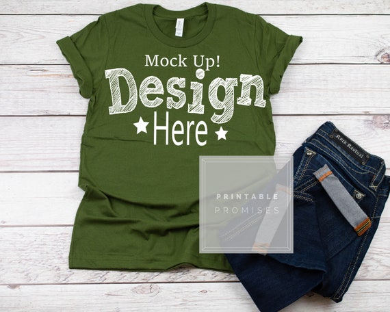 Green Shirt Mockup Jeans Boots Bella Canvas Unisex 3001