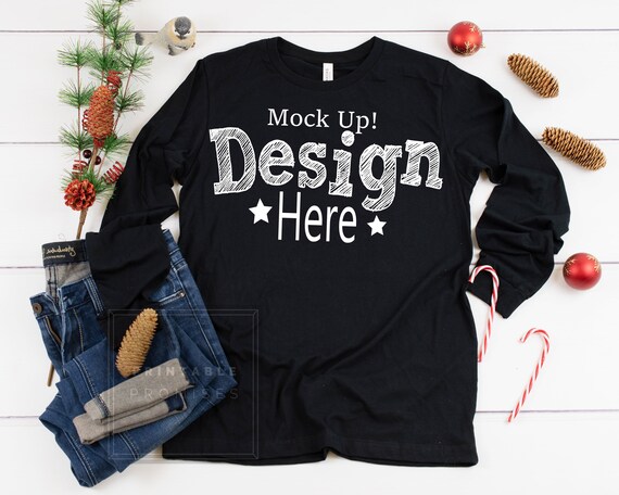 Christmas Shirt Mockup Black Long Sleeve Shirt Mockup Bella