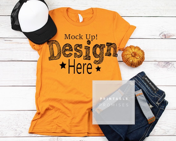 Download Orange Halloween T-Shirt Mockup With Trucker Hat Jeans ...