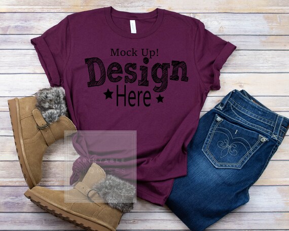 Bella Canvas 3001 Maroon T-Shirt Mockup Flatlay Style