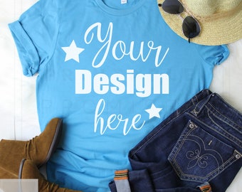 Download Free Bella Canvas 3001 Aqua T-shirt Mockup-T-Shirt Mockup-Mock Up-Flat Lay-Outfit Wood Background-Flat Lay Mockup PSD Template