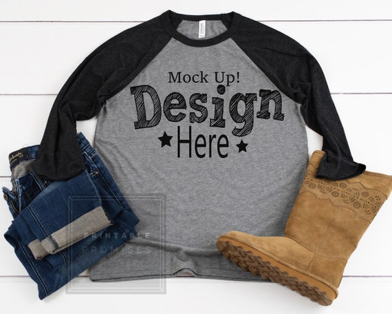Bella Canvas 3200 Grey Charcoal Raglan Mockup Raglan T-Shirt