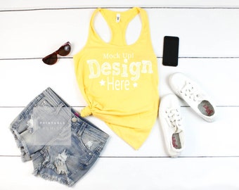 Download Free Yellow Tank Top Mockup, Next Level T-Shirt Mockup, Mock Up, T Shirt MockUp, Outfit MockUp, Mockup Tank Top PSD Template