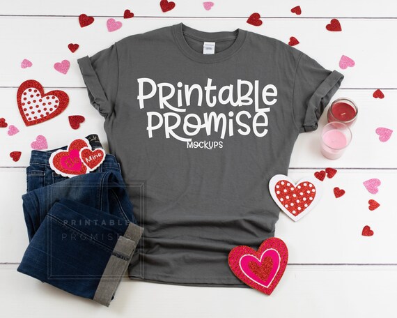 Valentines Shirt Mockups Gildan 500 Charocoal Shirt Flatlay Photo