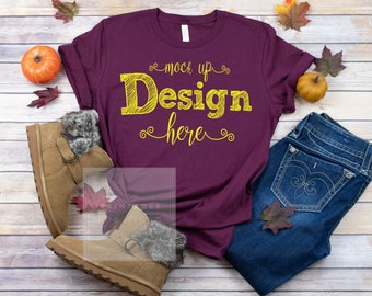 Maroon T Shirt Mock Up Bella Canvas 3001 Maroon Flatlay Style Etsy
