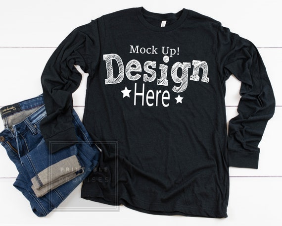 Black Heather Long Sleeve Bella Canvas Shirt Mockup Bella