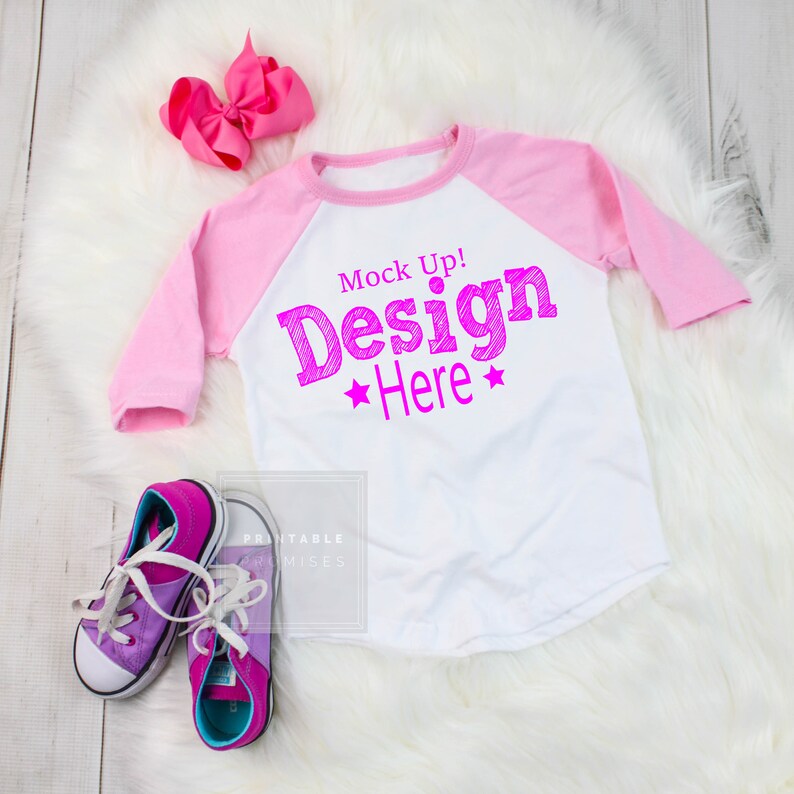 Download Pink Raglan Mock up T Shirt Mock up Youth Raglan Flatlay | Etsy