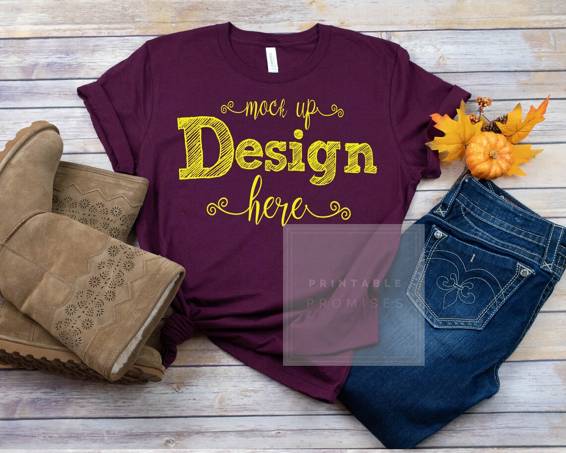 Download Maroon T Shirt Mock-up Bella Canvas 3001 Maroon Flatlay Style | Etsy
