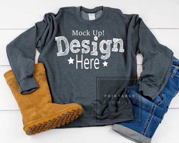 Gildan Dark Heather Sweatshirt Mockup Crew Neck Sweatshirt Etsy