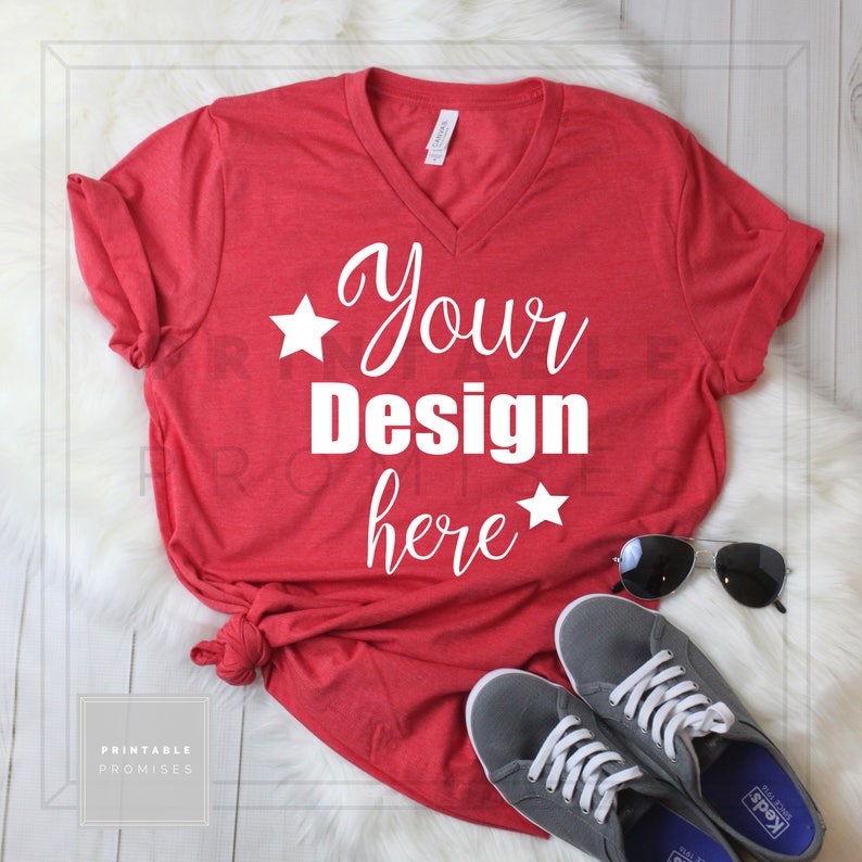 Download Red Mock Up Shirt Bella Canvas 3005 V Neck Mock Up Shirt ...