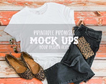 Bella Canvas 3001 Weiß T-Shirt Mockup, Flat Lay (Instant Download)