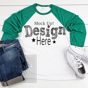 Kelly Green Raglan Mockup Raglan Bella Canvas 3200 White Kelly  T-shirt Mockup Shirt Flat Lay Raglan Mock up Top View Shirt Photo