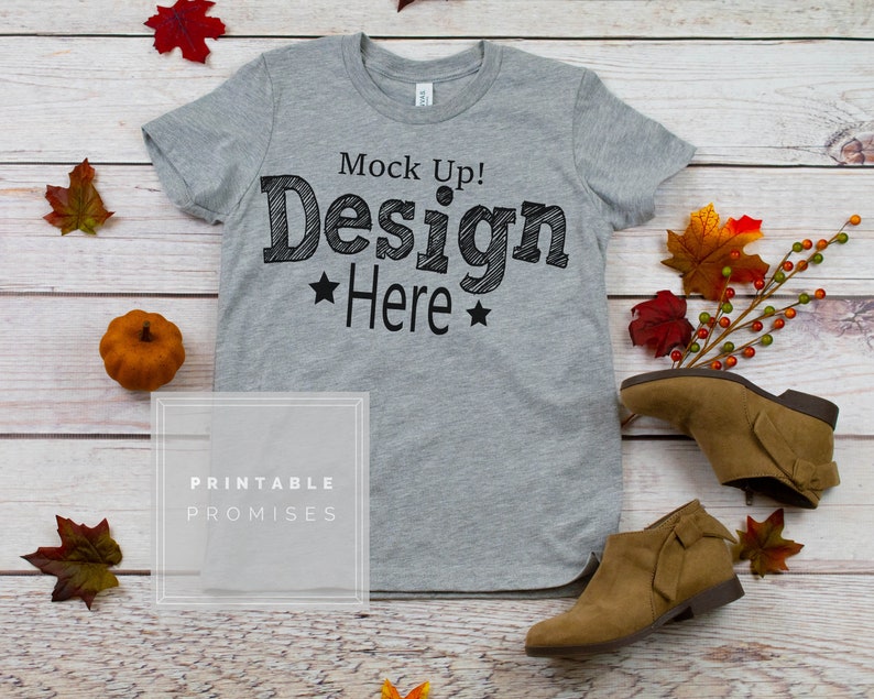 Download Bella Canvas 3001Y Athletic Grey Youth Fall Shirt Mockup ...