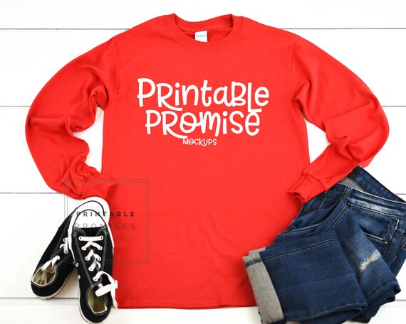 Red Long Sleeve Shirt Mockup Gildan G240 Flatlay Photo Style Etsy