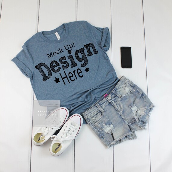 Bella Canvas 3413 Denim Triblend T Shirt Mockup Flatlay Mock Etsy