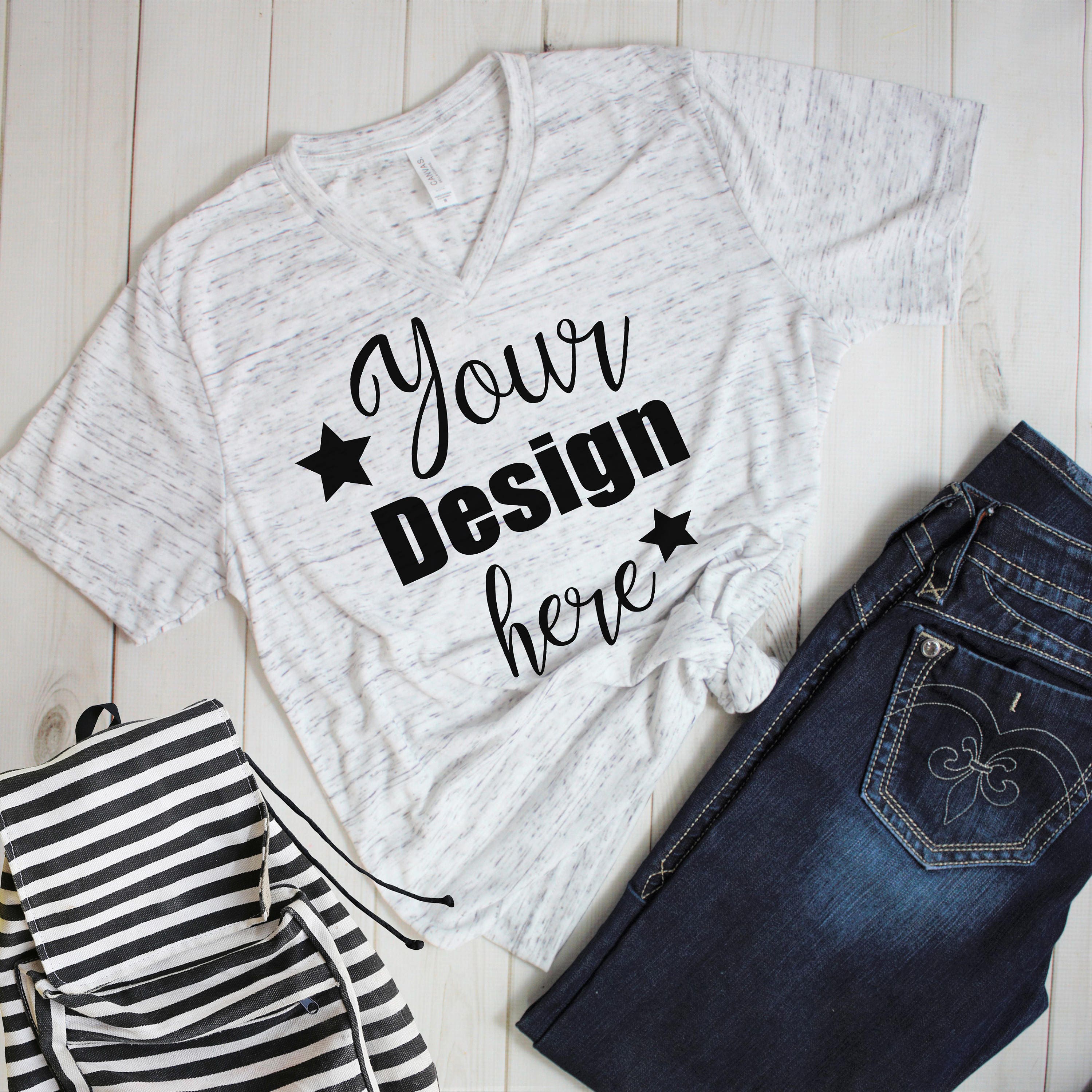 Bella Canvas V Neck 3005 White Marble T 