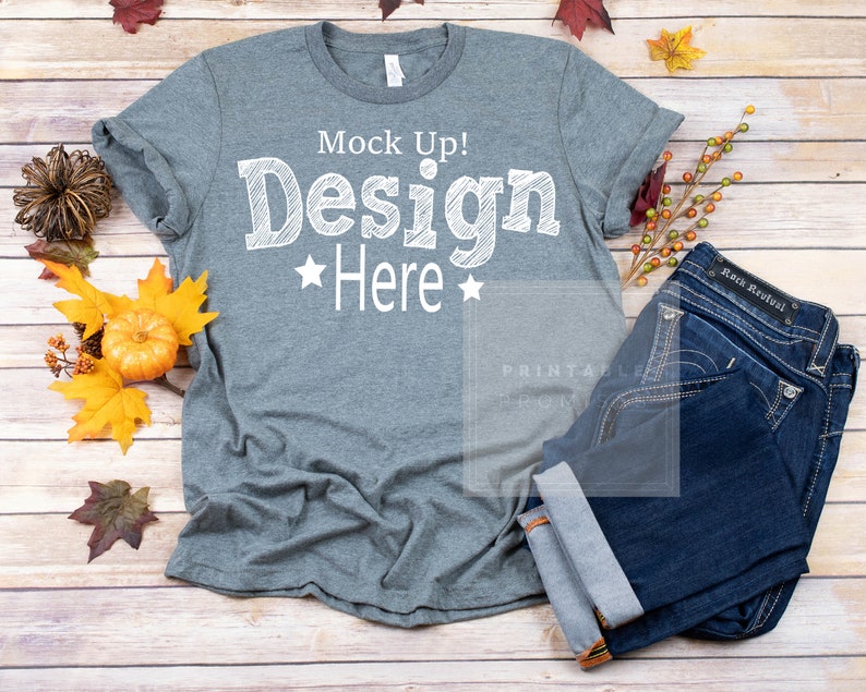 Download Bella Canvas Unisex 3001 Deep Heather Fall T Shirt Mock-up ...