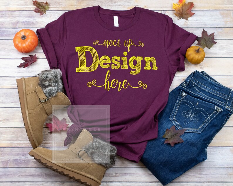 Download Fall Shirt Mock-up Fall Flatlay Bella Canvas 3001 Maroon Fall | Etsy