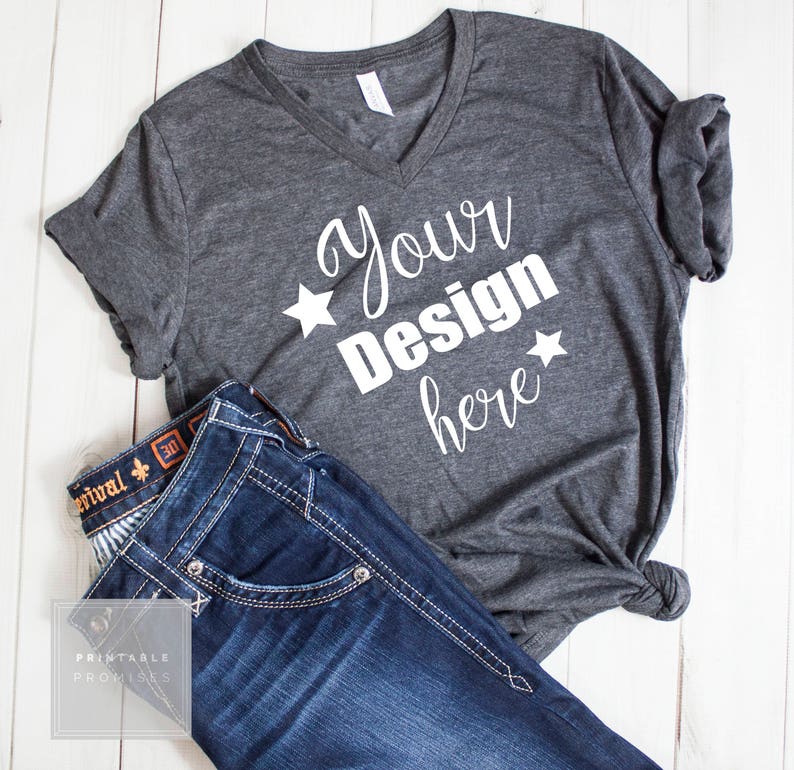 Download Art Collectibles T Shirt Mockup Bella Canvas T Shirt Mock Up Bella Canvas 3005 V Neck Dark Heather Grey Flatlay Photography Vinyl Shirts T Shirt Display Photography