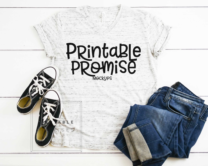 Bella Canvas V Neck 3005 White Marble T Shirt Mock Up