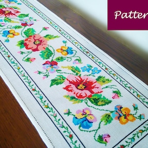Patrón de punto de cruz – Mantel colorido con flores – Camino de mesa DIY