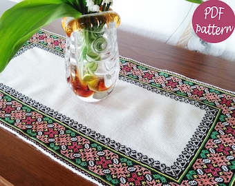 Korsstygnsmönster – Duk med blommor – Rektangulär löpare – DIY – PDF