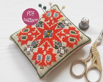 Rustic Pincushion Cross Stitch Pattern: Floral Embroidery (PDF Pattern)
