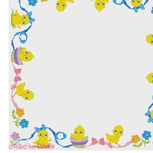 Easter Tablecloth – Counted Cross Stitch Pattern – Square Napkin with Chickens