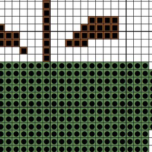 Pode incluir: Um padr&atilde;o de ponto cruz verde de uma &aacute;rvore com um tronco marrom e um p&aacute;ssaro marrom empoleirado em um galho.