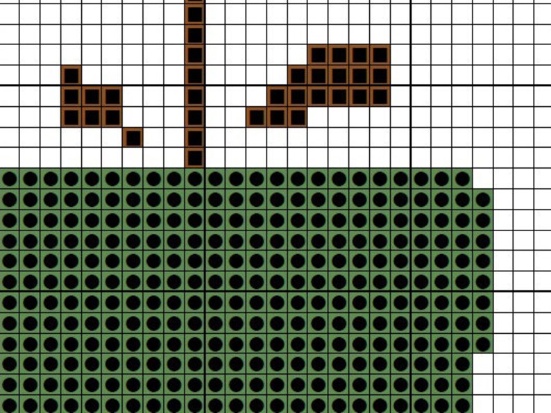 Pode incluir: Um padr&atilde;o de ponto cruz verde de uma &aacute;rvore com um tronco marrom e um p&aacute;ssaro marrom empoleirado em um galho.