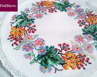 Oval Tablecloth – Colorful Cross Stitch Pattern – Wreath of Flowers – Centerpieces Napkin