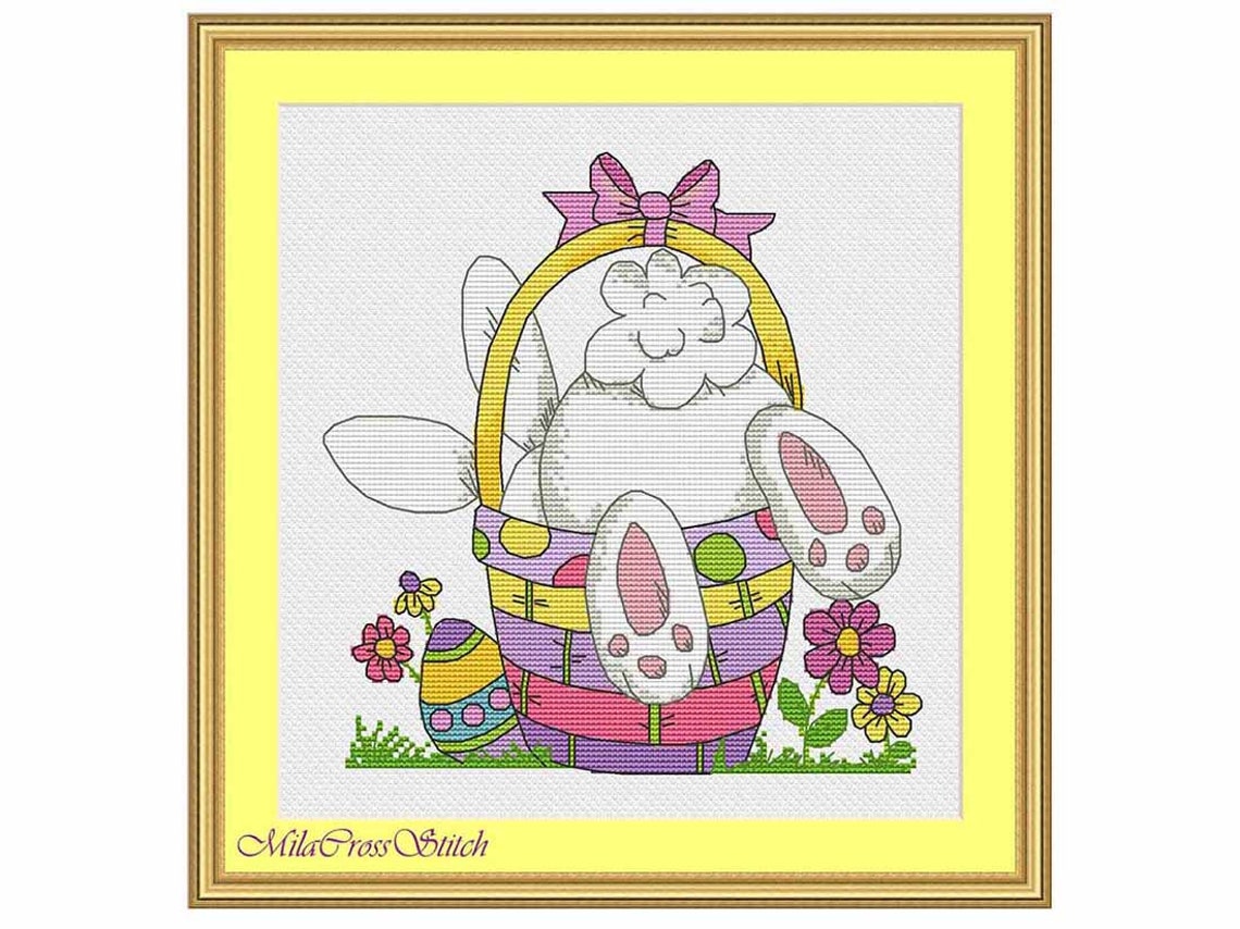 Easter Cross Stitch Pattern – Funny Bunny in a Basket – Holiday DIY ...