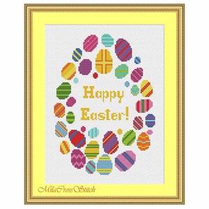 Può includere: Schema di punto croce con un design di uova di Pasqua colorate con il testo "Buona Pasqua!" in giallo. Lo schema è circondato da una cornice gialla.
