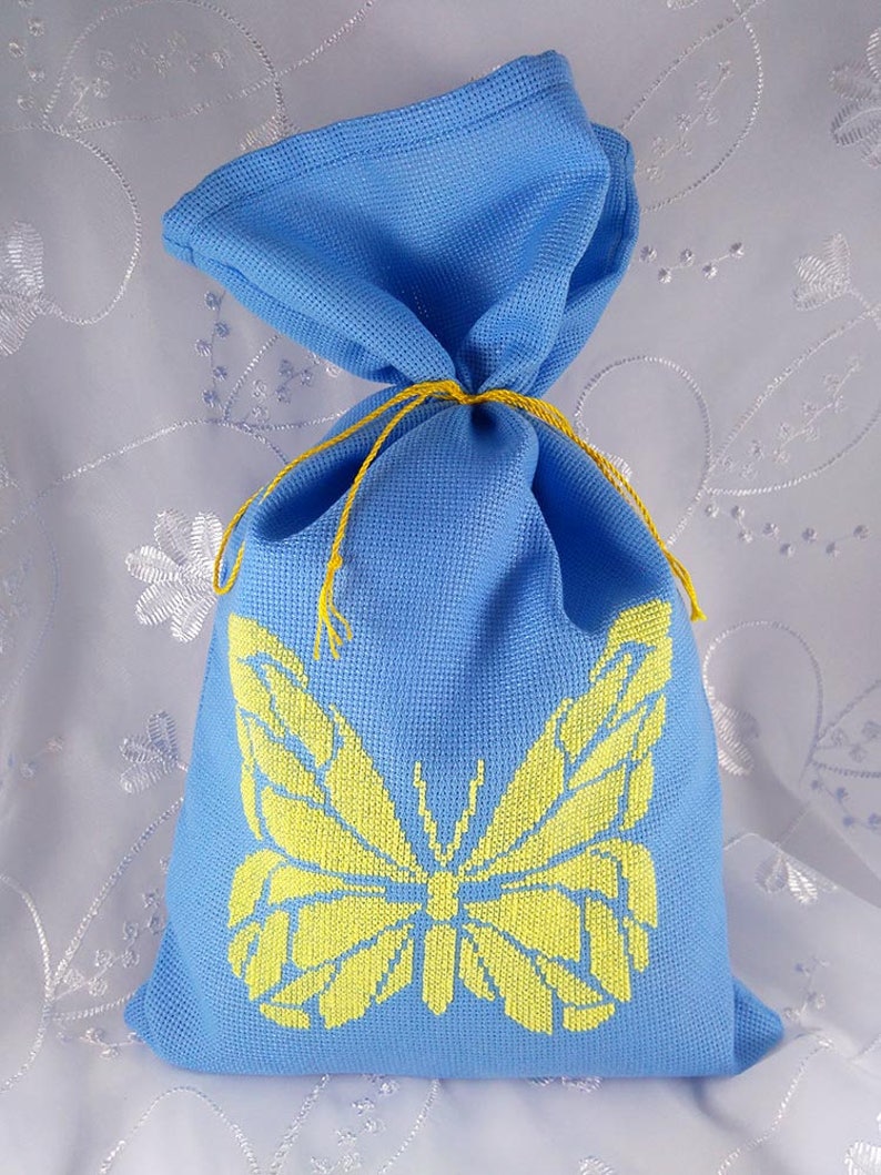 Hand Embroidery Yellow Butterfly On Gift Packaging Bag \u2013 Drawstring Pouch \u2013 Cross Stitch Holiday Wrap \u2013 Blue Canvas Bag \u2013 Cute Pouch Gift