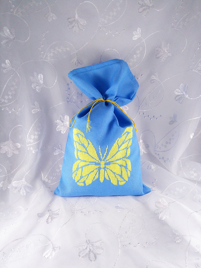Hand Embroidery Yellow Butterfly On Gift Packaging Bag \u2013 Drawstring Pouch \u2013 Cross Stitch Holiday Wrap \u2013 Blue Canvas Bag \u2013 Cute Pouch Gift