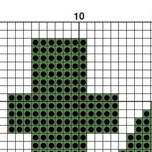 Pode incluir: Desenho verde em forma de cruz criado com c&iacute;rculos pretos e brancos em um fundo de grade branca.