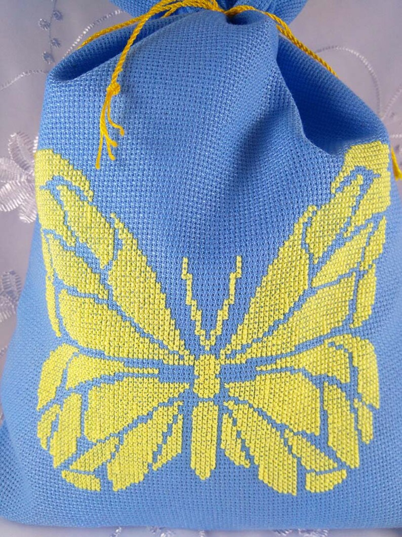 Hand Embroidery Yellow Butterfly On Gift Packaging Bag \u2013 Drawstring Pouch \u2013 Cross Stitch Holiday Wrap \u2013 Blue Canvas Bag \u2013 Cute Pouch Gift