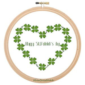 Irisches Herz – Modernes Kreuzstichmuster – Patricks Day Xstitch Chart – Stickdatei Kleeblatt – Stickbild Kleeblatt – PDF Design
