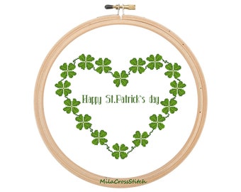 Irish Heart Clover Cross Stitch Pattern: St. Patrick's Day Embroidery (PDF Design)