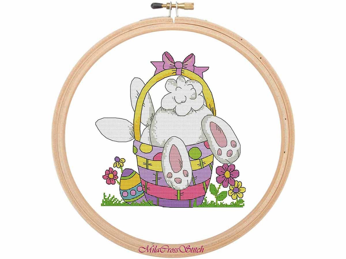 Easter Cross Stitch Pattern – Funny Bunny in a Basket – Holiday DIY ...