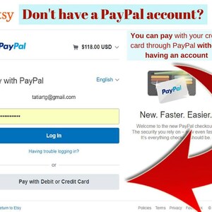 Pode incluir: P&aacute;gina de checkout do Etsy com um logotipo do PayPal e o texto "N&atilde;o tem uma conta PayPal?" Voc&ecirc; pode pagar com seu cart&atilde;o de cr&eacute;dito atrav&eacute;s do PayPal sem ter uma conta. O texto "Novo. Mais r&aacute;pido. Mais f&aacute;cil." &eacute; exibido abaixo do logotipo do PayPal. O texto "Bem-vindo ao novo checkout do PayPal! A seguran&ccedil;a em que voc&ecirc; confia - agora ainda mais r&aacute;pido. &Eacute; tudo o que o checkout deve ser." &eacute; exibido abaixo do texto "Novo. Mais r&aacute;pido. Mais f&aacute;cil."