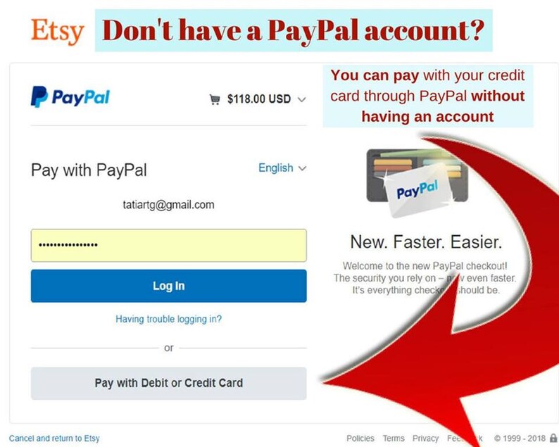 Pode incluir: P&aacute;gina de checkout do Etsy com um logotipo do PayPal e o texto "N&atilde;o tem uma conta PayPal?" Voc&ecirc; pode pagar com seu cart&atilde;o de cr&eacute;dito atrav&eacute;s do PayPal sem ter uma conta. O texto "Novo. Mais r&aacute;pido. Mais f&aacute;cil." &eacute; exibido abaixo do logotipo do PayPal. O texto "Bem-vindo ao novo checkout do PayPal! A seguran&ccedil;a em que voc&ecirc; confia - agora ainda mais r&aacute;pido. &Eacute; tudo o que o checkout deve ser." &eacute; exibido abaixo do texto "Novo. Mais r&aacute;pido. Mais f&aacute;cil."