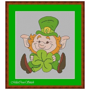 Kobold mit Kleeblatt – Kreuzstichmuster – St. Patrick’s Day Xstitch Chart – vierblättriges Kleeblatt – Irish Design