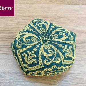 Biscornu Cross Stitch Pattern – Easy Counted Chart – Green & Yellow Pincushion – DIY Ideas