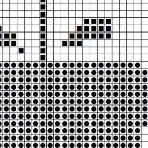 Pode incluir: Design de arte pixelada em preto e branco de uma ab&oacute;bora com um caule. A ab&oacute;bora &eacute; feita de pequenos c&iacute;rculos pretos.